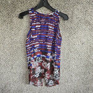Daniel‎ Rainn Top Womens Small Blue Striped Floral Sleeveless Blouse Keyhole
